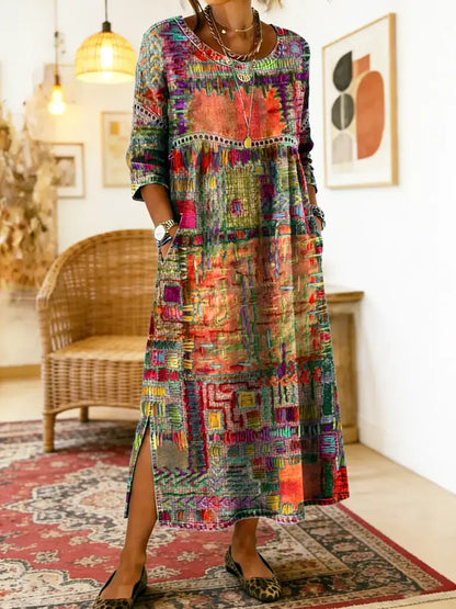 ✨ 50% zniżki!【S-5XL】Letnia sukienka w stylu retro z okrągłym dekoltem i nadrukiem – lekka, przewiewna, wyszczuplająca i łatwa w stylizacji.