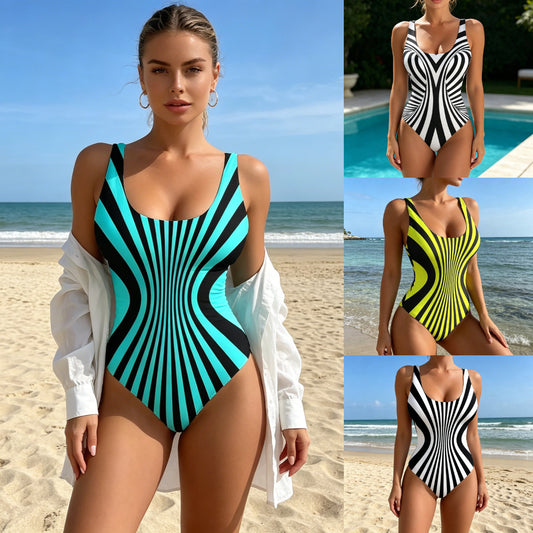 🥰【50% de descuento】🔥【S~8XL】Traje de baño de una pieza con rayas únicas, elegante y favorecedor, adecuado para varios tipos de cuerpo.