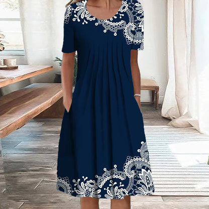 【50% kedvezmény】【S-5XL】 🌺🌺 Divatos, kerek nyakú, mintás ruha.