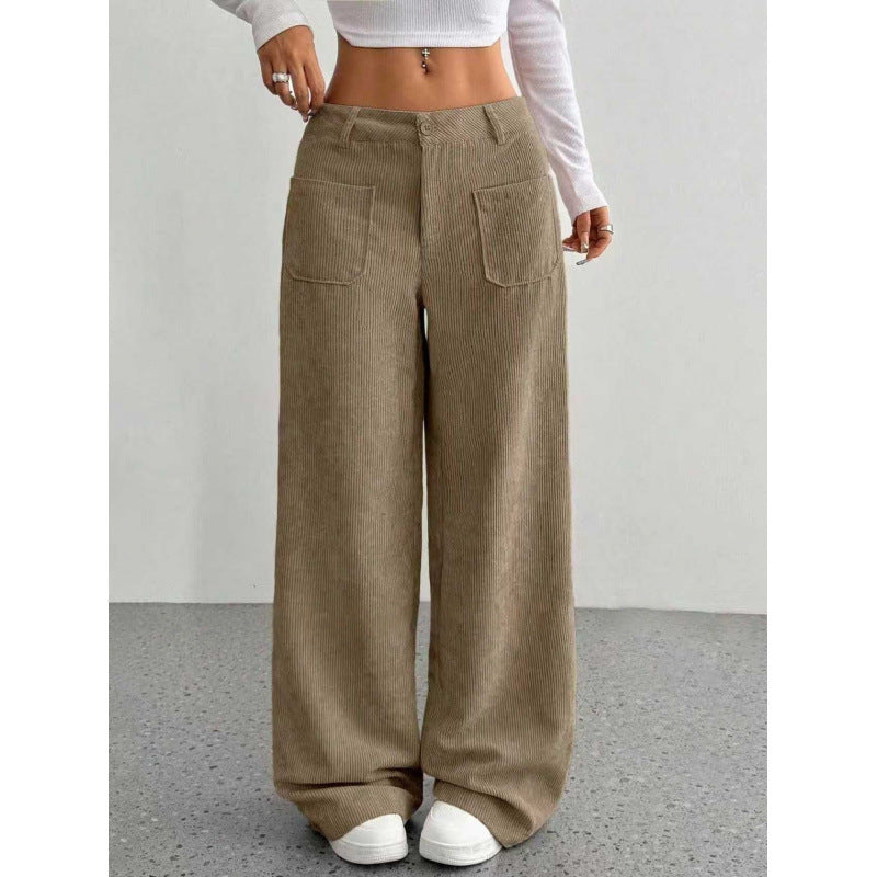 👖👖【50% отстъпка】Нови дамски ежедневни кадифени панталони, с висока талия, много джобове, свободна кройка, дълги до пода и широки крачоли