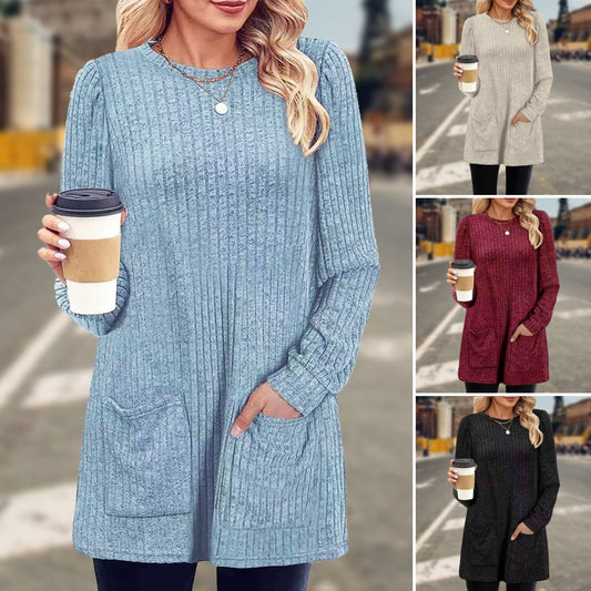 🌸💟【Časovno omejen popust】🔥【M-5XL】Nova jesensko/zimska majica z okroglim izrezom. Enobarvni dolgi rokav z žepom