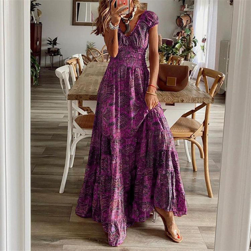 👗✨【50% popust 🔥】【S–2XL】Nova dolga boemska obleka s poudarjenim pasom, ležernega kroja s cvetličnim vzorcem