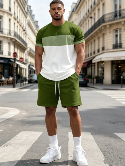 【S-5XL】Stylowy męski komplet składający się z koszulki z nadrukiem i spodenek, modny dwuczęściowy komplet, wygodny zarówno na co dzień, jak i na sportowo.