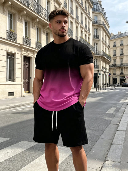 【S-5XL】Stylowy męski komplet składający się z koszulki z nadrukiem i spodenek, modny dwuczęściowy komplet, wygodny zarówno na co dzień, jak i na sportowo.