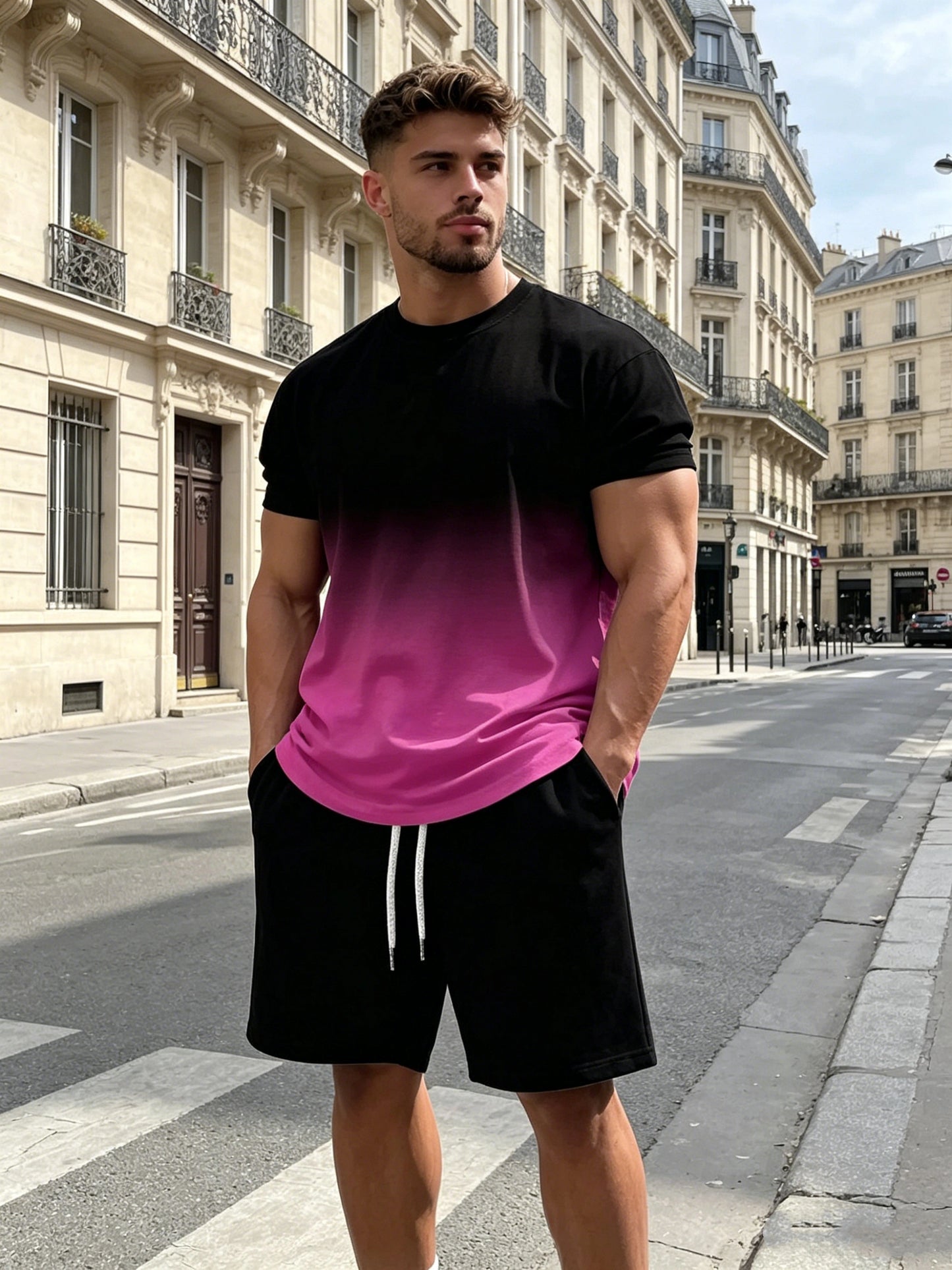 【S-5XL】Stylowy męski komplet składający się z koszulki z nadrukiem i spodenek, modny dwuczęściowy komplet, wygodny zarówno na co dzień, jak i na sportowo.