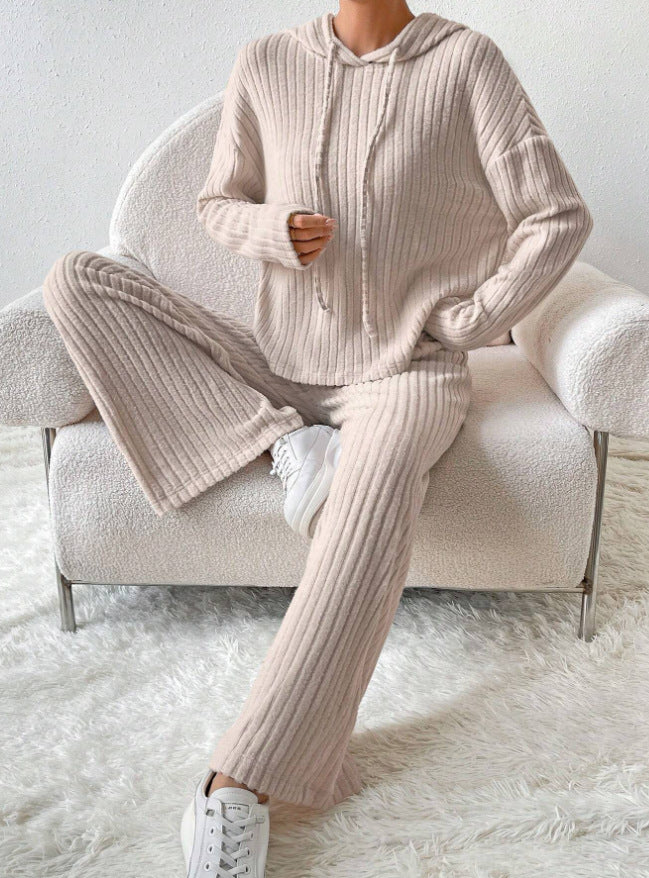 📢📢Zľava 50% 😍【40-90KG】Dámsky dvojdielny pletený top s kapucňou a nohavice so širokými nohavicami