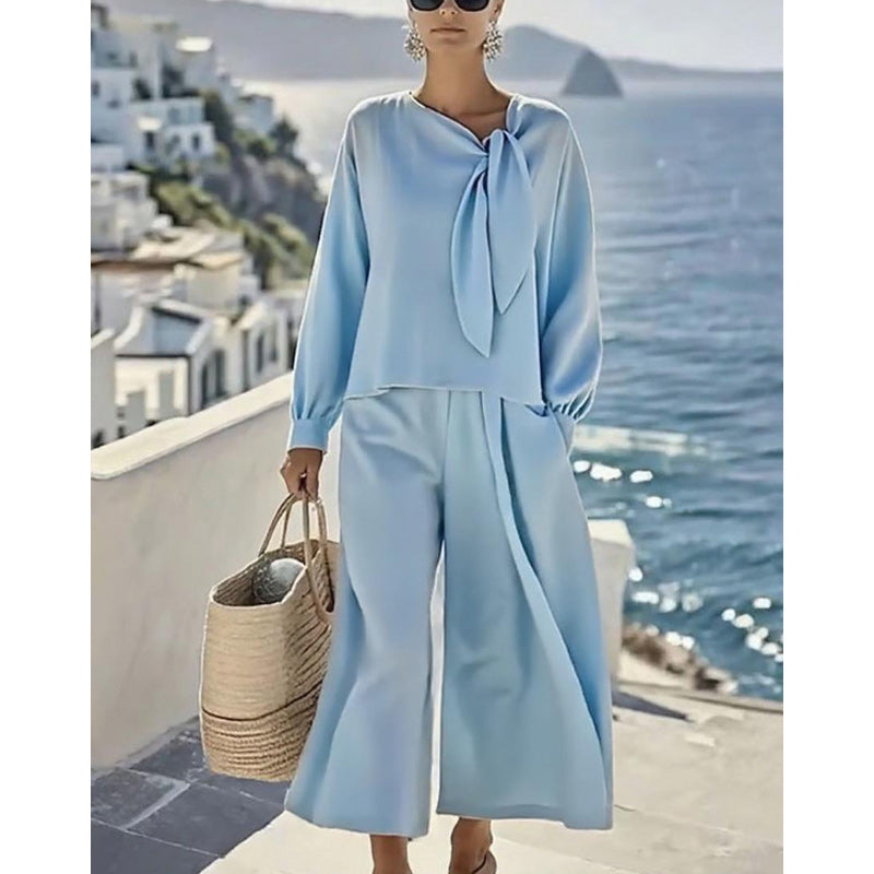 【S-3XL】【40-100KG】👚👖Νέο γυναικείο μοντέρνο, casual μονόχρωμο μακρυμάνικο τοπ και παντελόνι, σετ δύο τεμαχίων✨