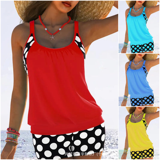 🏖️【S-4XL】✨【Top + Pantaloni】Set de costum de baie  pentru femei, cu bretele, buline, mărime mare, 2025