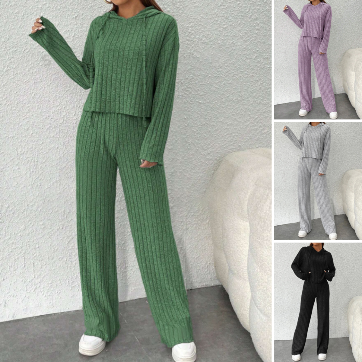 📢📢Zľava 50% 😍【40-90KG】Dámsky dvojdielny pletený top s kapucňou a nohavice so širokými nohavicami