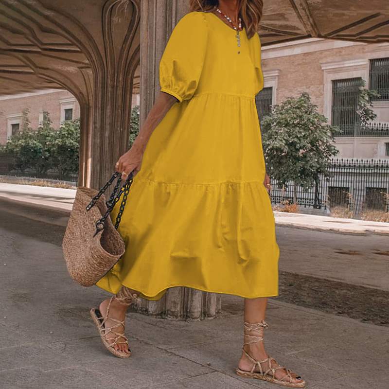 👗Nou în stoc [S-5XL] Rochie de vară din bumbac natural și in, în stil boem, pentru femei, rochie retro cu decolteu rotund