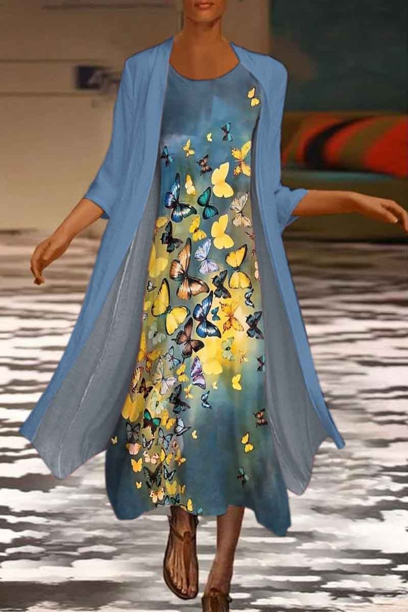 🌻 Descuento -50% 🔥🔥【40-120 kg】Nuevo vestido de mujer con estampado floral, vestido de dos piezas con escote redondo ✅Pago contra entrega