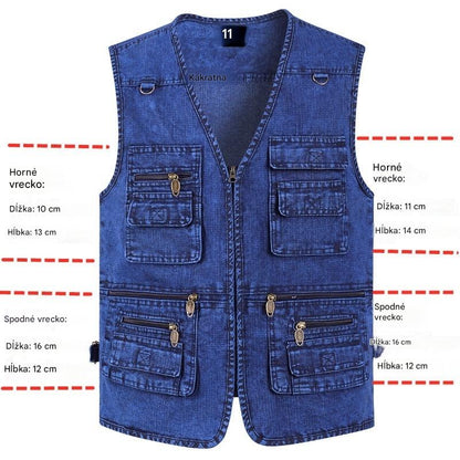 🔥 【Nová kolekcia -50%】Pánska džínsová vesta s mnohými vreckami 【XL–7XL】 – Odolná, priedušná a pohodlná
