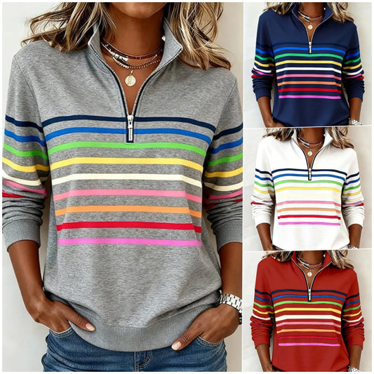 😀【S-5XL】👗 Modna jopa z mavričnimi črtami in ovratnikom z zadrgo na pol