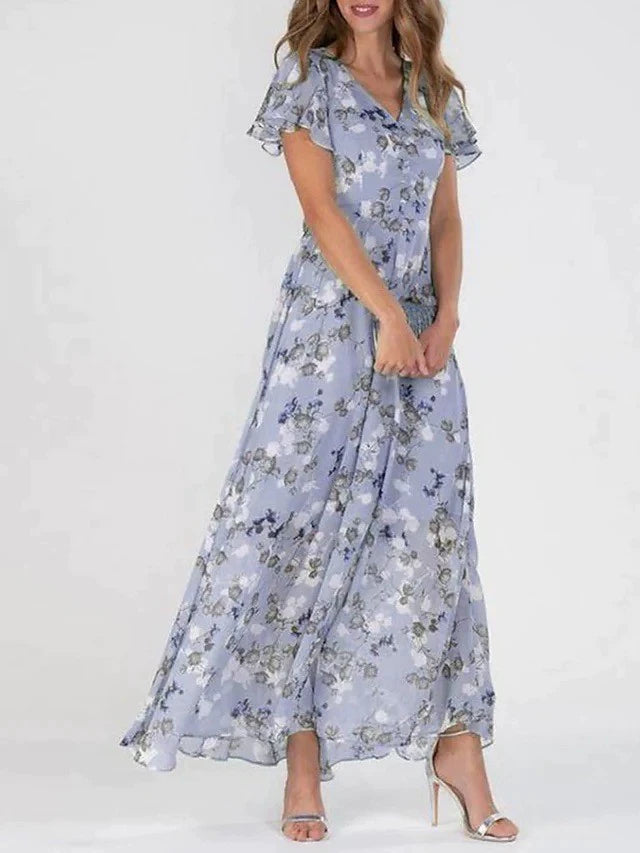 👗❤️【S-5XL】Стилна шифонена рокля с V-образно деколте и флорални волани✅【40-95 кг】