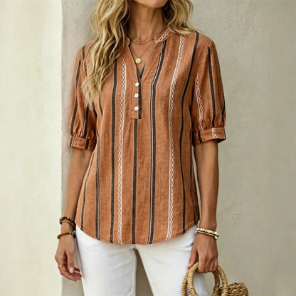 👚 【50% de descuento en ofertas de temporada】Blusa de verano de manga corta a rayas de algodón y lino con tejido transpirable.