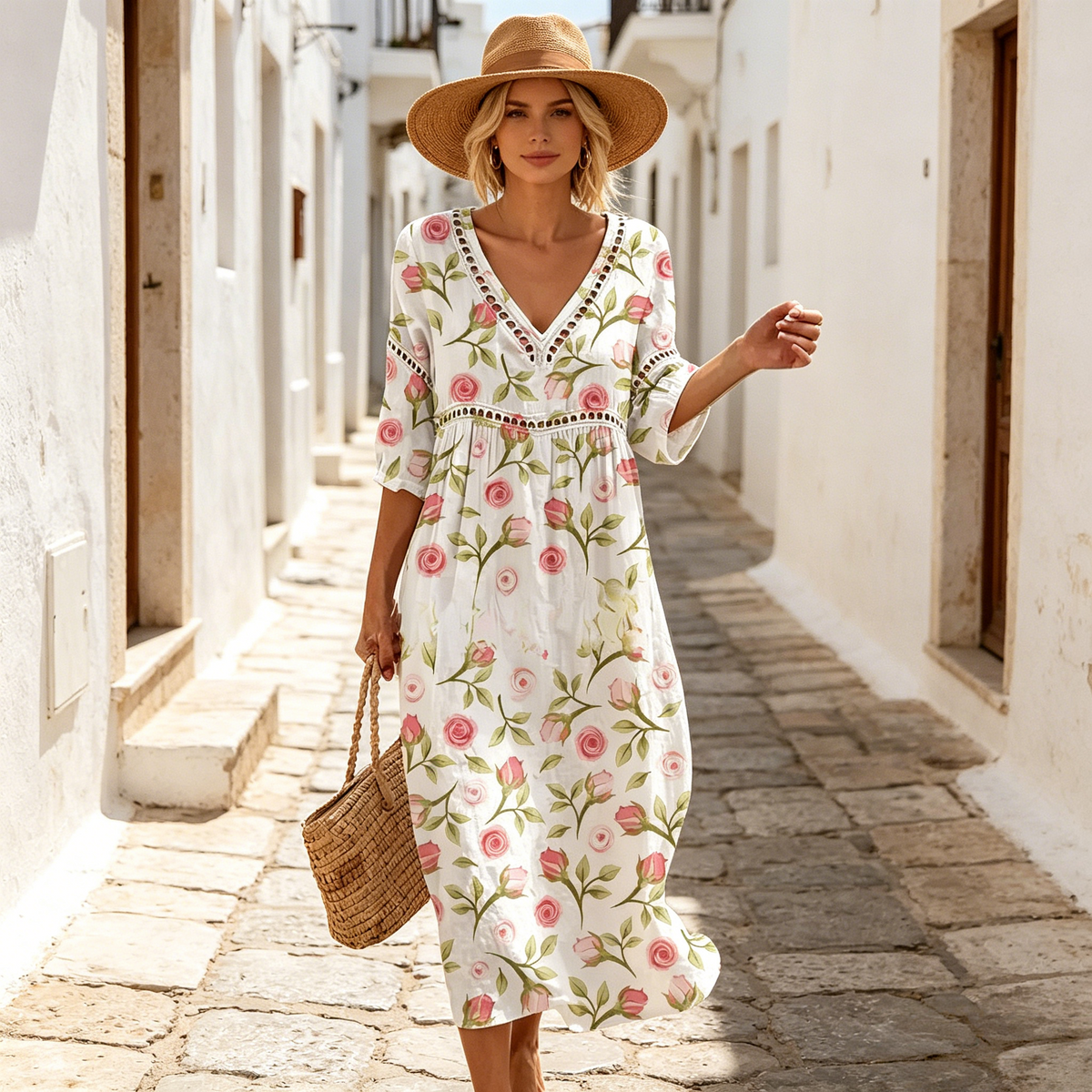 Vestido largo de algodón y lino con estampado floral, estilo veraniego, escote en V, cintura definida.