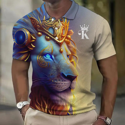 【S-6XL】Męska koszulka polo z nadrukiem 3D z lwem