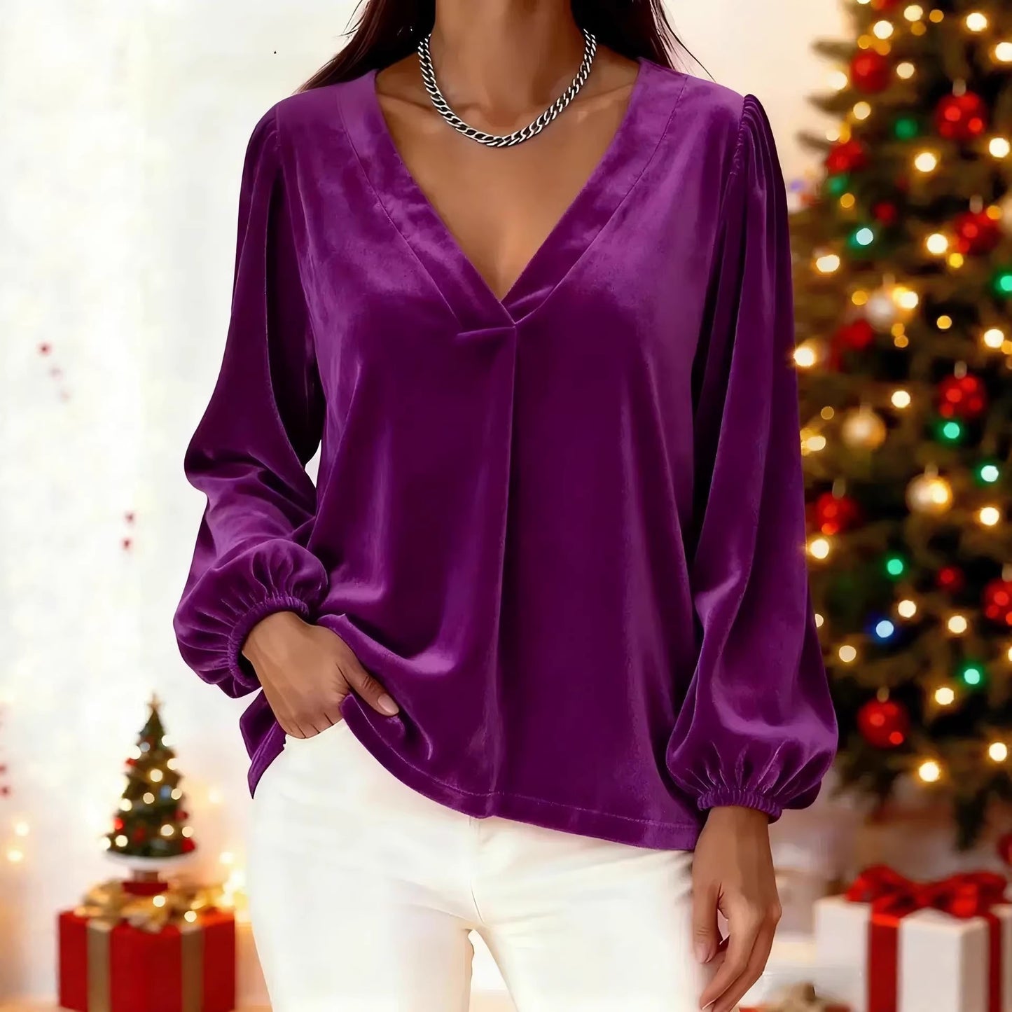 【50% sleva】🥰🥰[M-3XL】🌺Nejprodávanější elegantní luxusní tričko se zlatým sametovým výstřihem do V a rukávy s lucernou