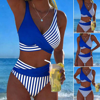 【40-100 kg】Bikini de dos piezas con estampado de bloques y rayas de colores