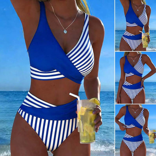 【40-100 kg】Bikini de dos piezas con estampado de bloques y rayas de colores