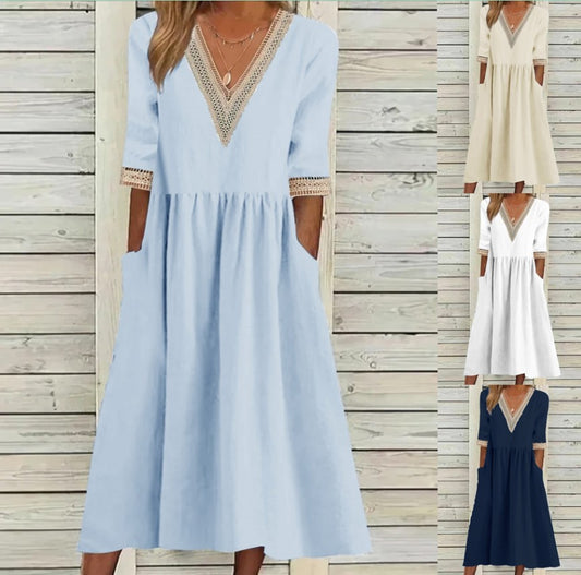 🌈👗【50% popust 🔥】【40-90 kg】👑 Ženska midi obleka iz bombaža in lana s čipkastim ovratnikom, v večjih velikostih