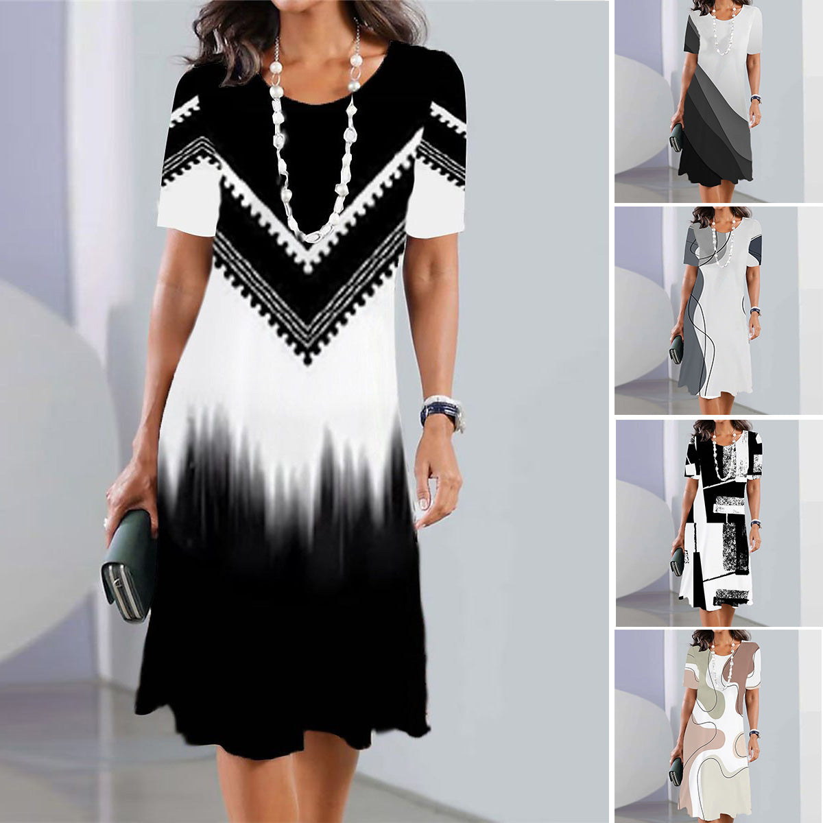 👗【50% отстъпка】【XS-5XL】👗Модна рокля с щампа и обло деколте за големи размери 2026