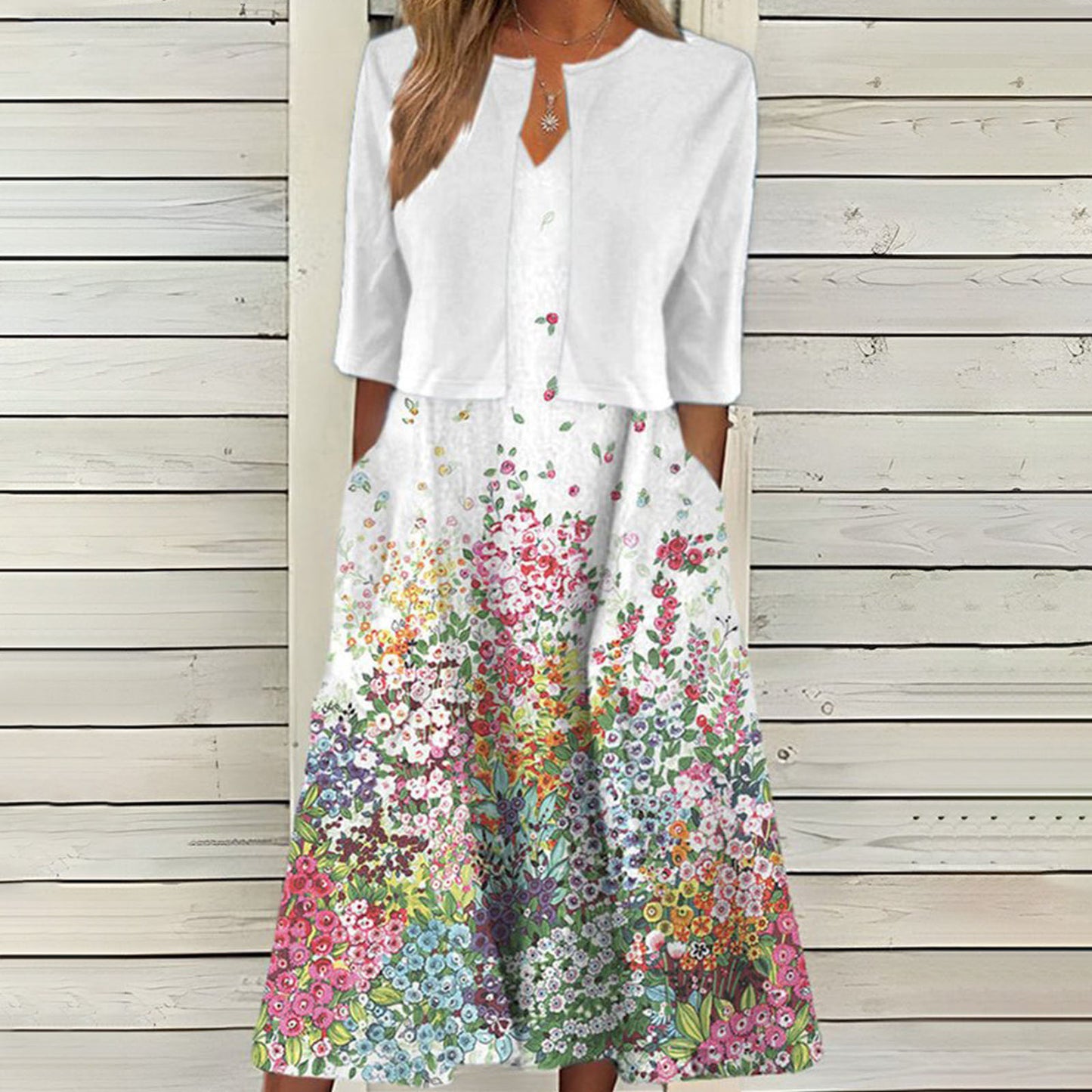 🌸【Długa sukienka z dekoltem w serek + płaszcz】🌸Elegancki dwuczęściowy komplet z kardiganem w etnicznym wzorze