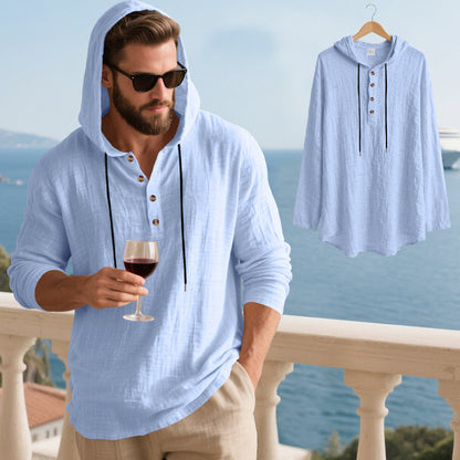 👔50% de descuento🏆【40-100kg】Camisa Henley de manga larga con capucha, transpirable y de lino para hombre, de corte holgado, ideal para la playa.✅Pago contra entrega ✅Pago contra entrega