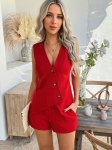 💖💋【2-delni komplet】【S-XL】Enobarvni praznični jopica z gumbi, brezrokavnik in kratke hlače