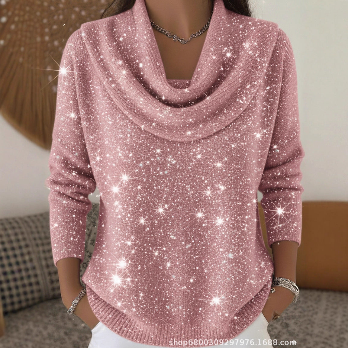 💥【50% zľava】💥【S-5XL】Nový ležérny trblietavý pletený top s dlhým rukávom a hviezdnou oblohou