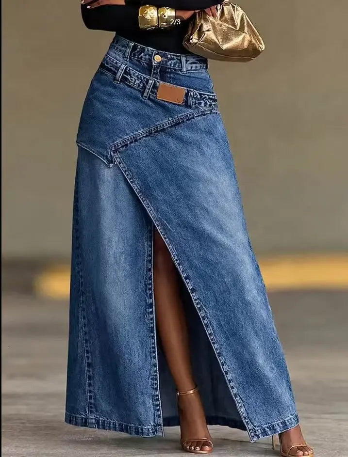 🥇【S-3XL】 Asymetryczna, warstwowa spódnica maxi z jeansu z rozcięciami, wysokim stanem i przetarciami w stylu vintage, doskonały wybór na co dzień.