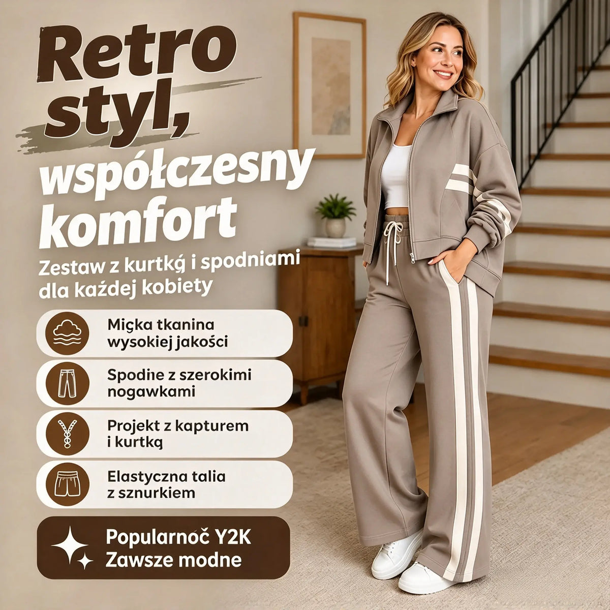 🔥Hit Sprzedaży 【Rabat 50%】🏆 Damski 2-częściowy zestaw sportowy z bocznymi paskami, bluza z zamkiem i szerokie spodnie