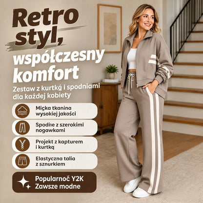 🔥Hit Sprzedaży 【Rabat 50%】🏆 Damski 2-częściowy zestaw sportowy z bocznymi paskami, bluza z zamkiem i szerokie spodnie