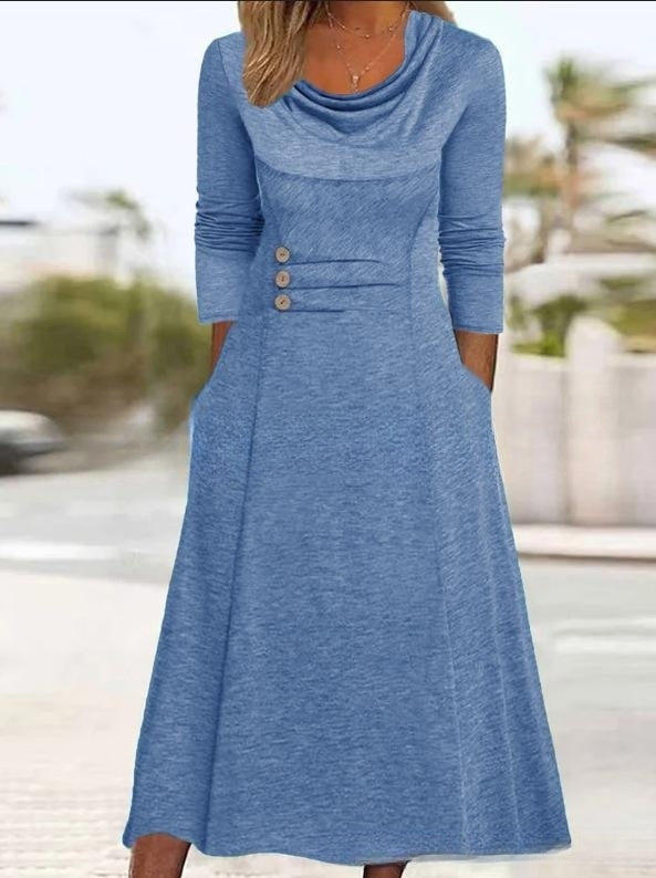 【50 % popust】【S-3XL】 2025 noua rochie cu nasturi cu buzunar cu gât rotund, culoare uni