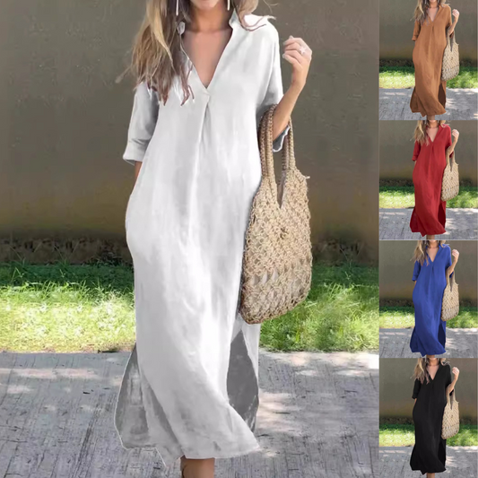 🌿💃【50% popust 🔥】【S–3XL】Nova ženska dolga obleka iz bombaža in lana za večje številke z V-izrezom in stranskimi razporki