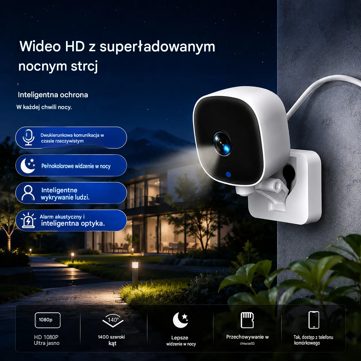 Kamera o wysokiej rozdzielczości z inteligentnym systemem nadzoru domu przez bezprzewodowe WiFi, noktowizorem w podczerwieni, dwukierunkowym interkomem i kamerą o wysokiej rozdzielczości.