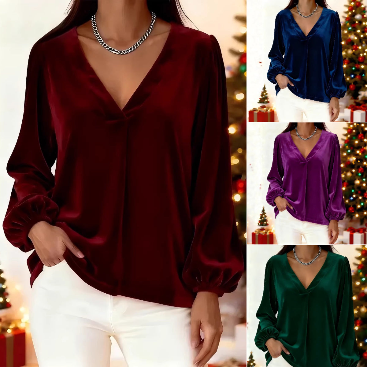 【50% sleva】🥰🥰[M-3XL】🌺Nejprodávanější elegantní luxusní tričko se zlatým sametovým výstřihem do V a rukávy s lucernou