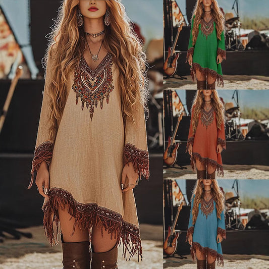 【50% kedvezmény】🎉【S-3XL】Retró mintás és bojtos női ruha