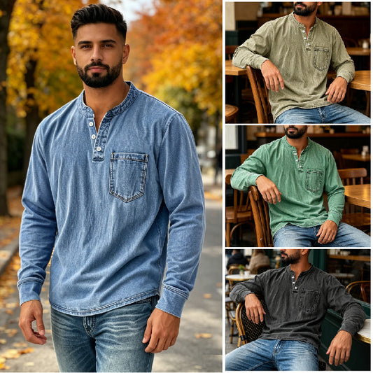 👔🔥【40-120 kg】Męska koszula jeansowa z długim rękawem i dekoltem w serek, kieszenią ✅️Płatność przy odbiorze ✅️2 sztuki z 30% rabatem