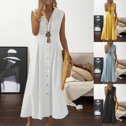 🎀💃【50% popust 💥】【S–3XL】Ženska obleka iz bombaža in lana za večje velikosti z ovratnikom in gumbi, lahka in zračna