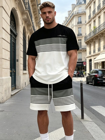 【S-5XL】Stylowy męski komplet składający się z koszulki z nadrukiem i spodenek, modny dwuczęściowy komplet, wygodny zarówno na co dzień, jak i na sportowo.