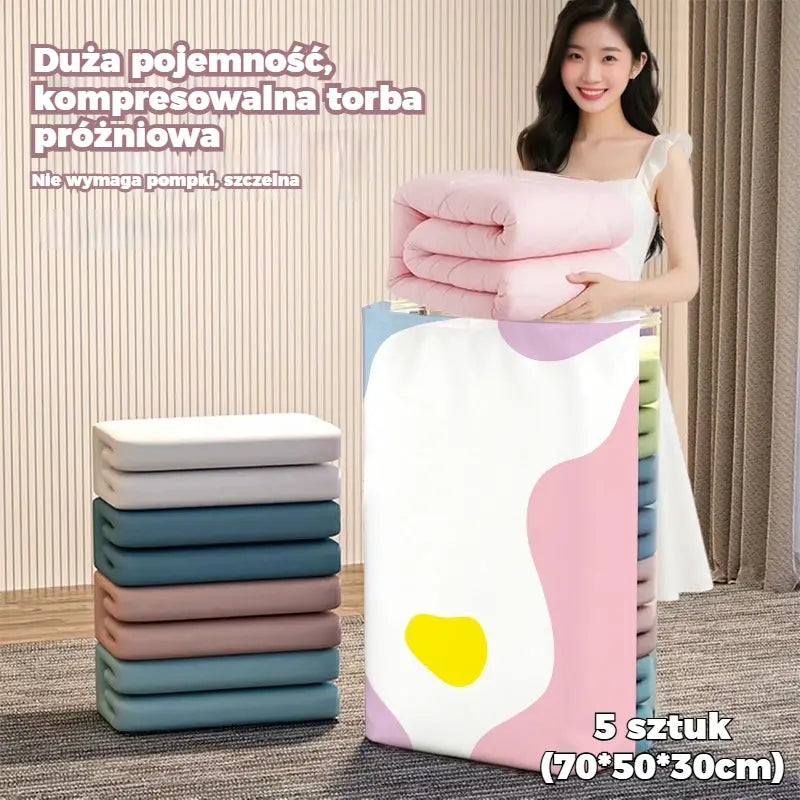 🧳【Zestaw 5 sztuk】💨 Duża, kompresyjna torba próżniowa: nie wymaga pompki, jest szczelna i idealnie nadaje się do oszczędzania miejsca w walizkach i w domu ✈️