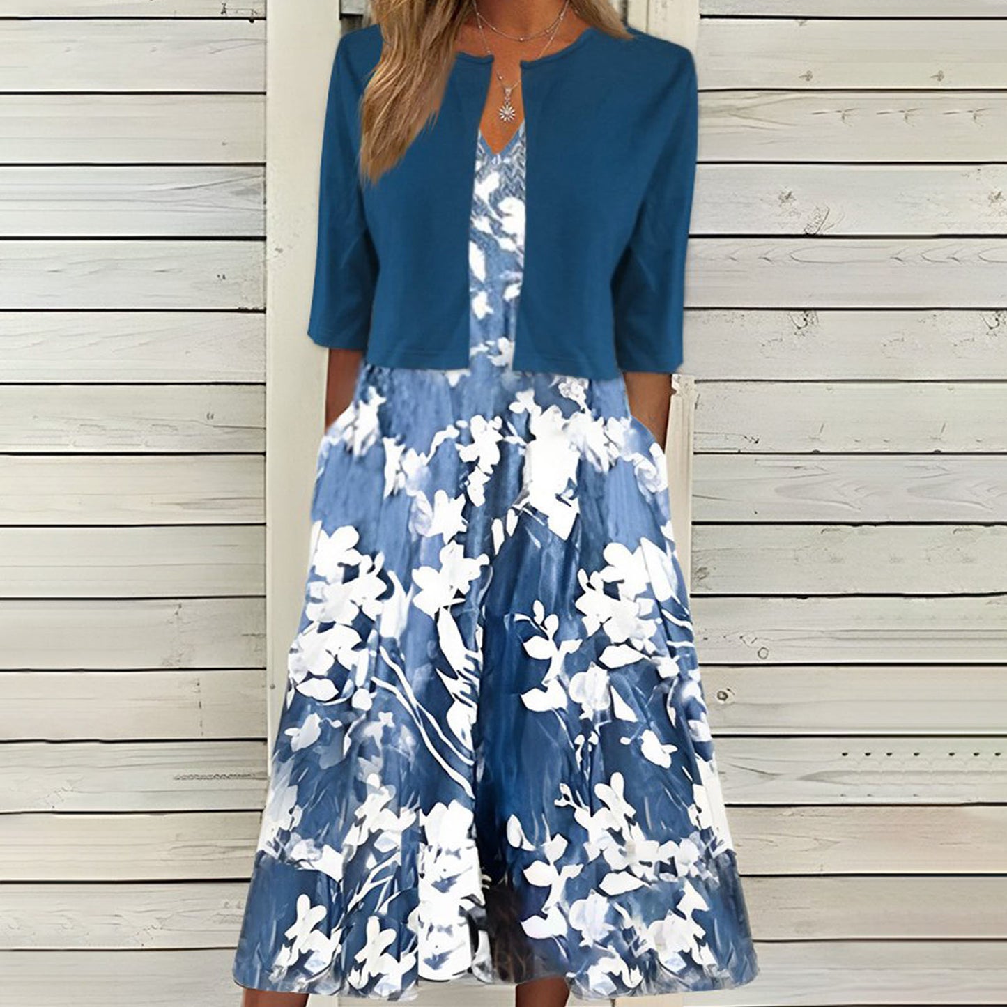 🌸【Długa sukienka z dekoltem w serek + płaszcz】🌸Elegancki dwuczęściowy komplet z kardiganem w etnicznym wzorze