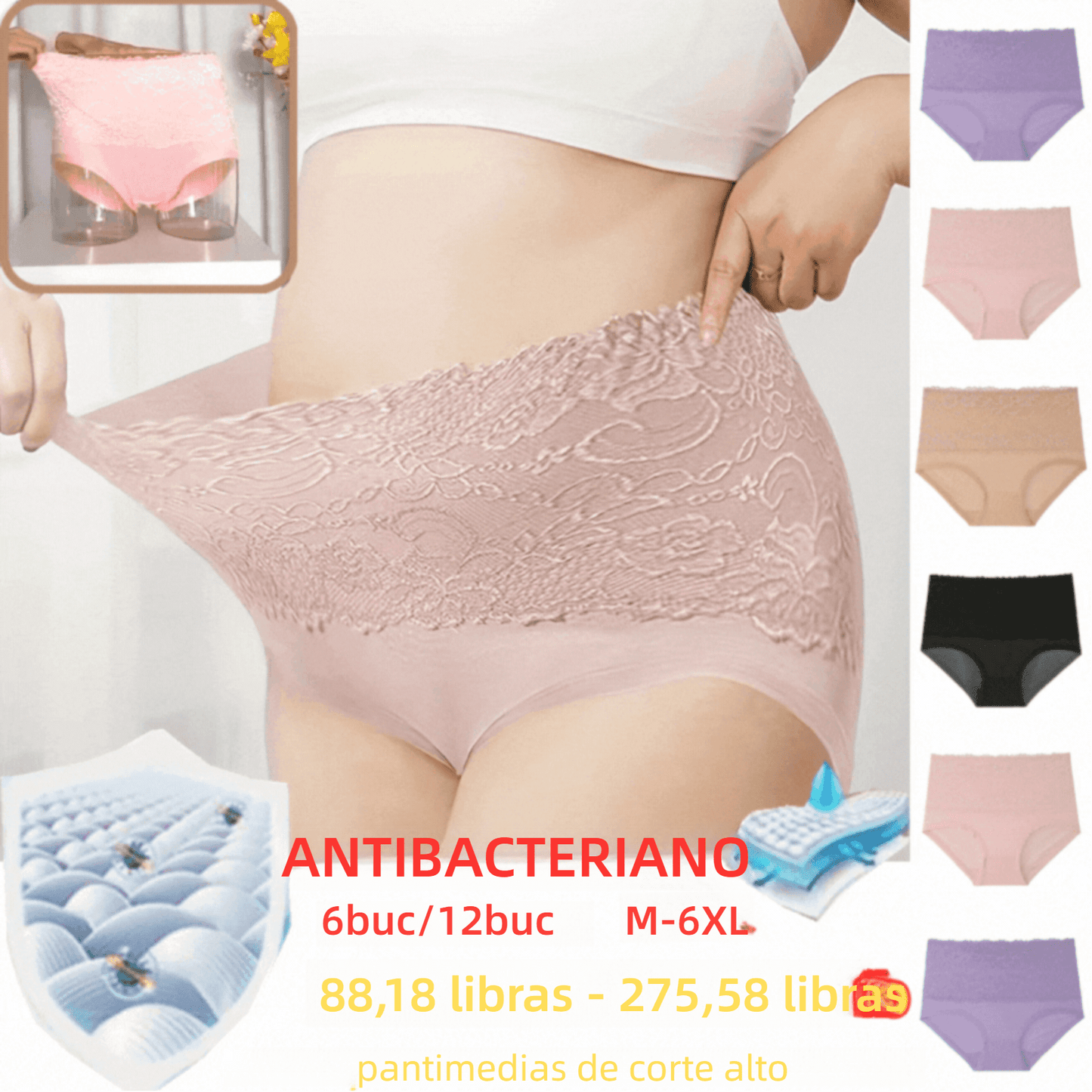 🔥【Balenie 6 kusov】【M-6XL】Nové nohavičky pre väčšie veľkosti, priedušné a pohodlné čipkované, vysoký pás, s reguláciou bruška