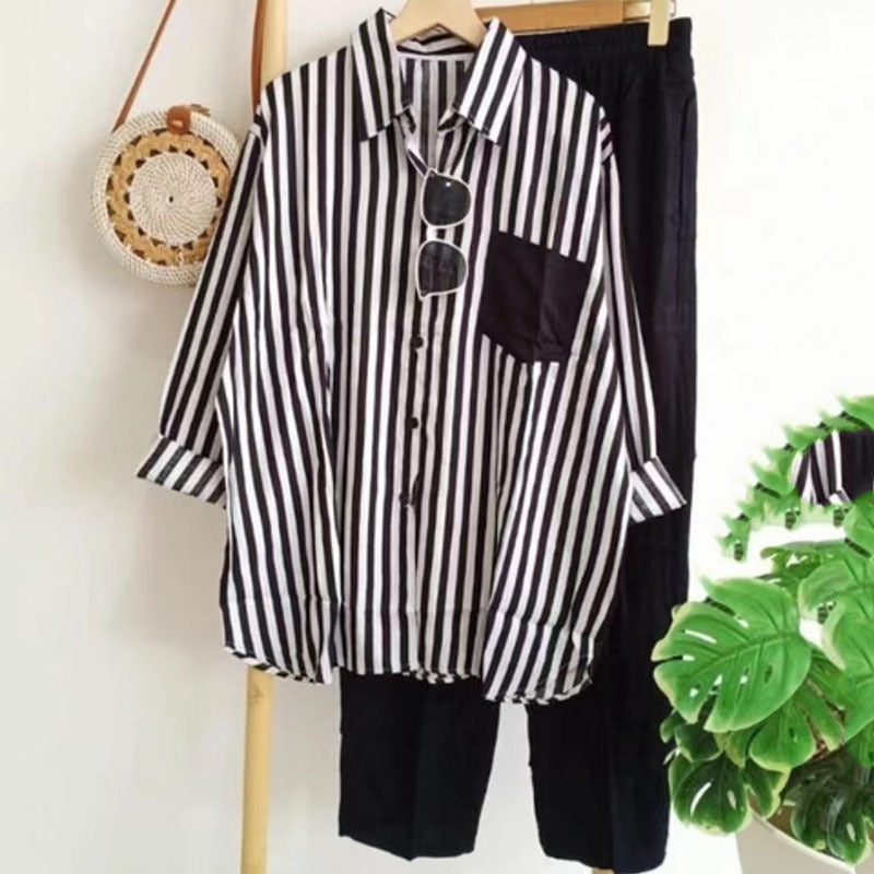 [S-5XL] 🌸 Costum casual din două piese pentru femei, cu dungi, pentru primăvară și vară - plăcut la atingere, moale și versatil