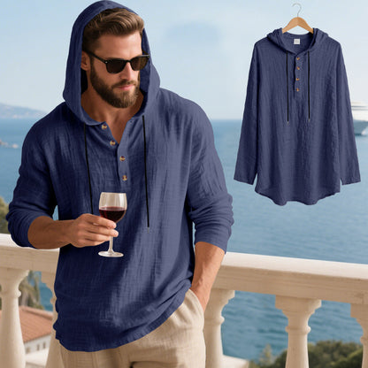 👔50% de descuento🏆【40-100kg】Camisa Henley de manga larga con capucha, transpirable y de lino para hombre, de corte holgado, ideal para la playa.✅Pago contra entrega ✅Pago contra entrega