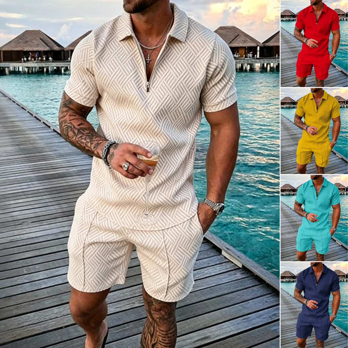 😎 50% zniżki🔥【Góra + Spodnie】 (40-130 kg) Męski codzienny zestaw polo z nadrukiem 3D i zamkiem błyskawicznym ✅️Płatność przy odbiorze