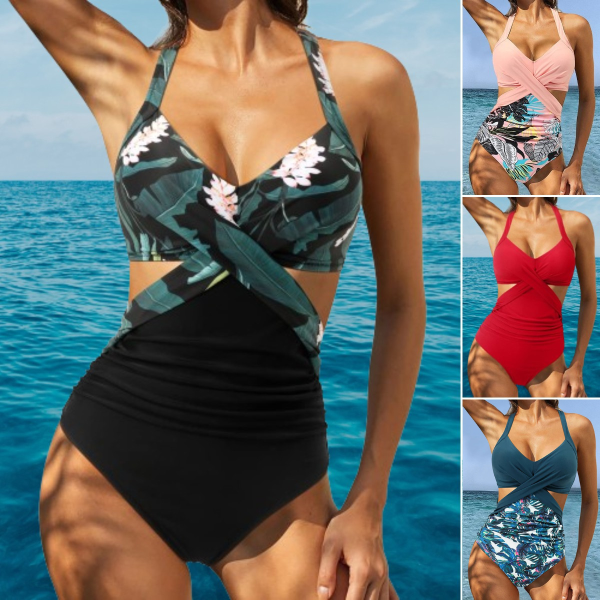 🌺🌿【50% popust 🔥】【S–2XL】👙 Nove poletne enodelne kopalke za ženske, v večjih velikostih, s cvetličnim rastlinskim vzorcem in visoko elastičnostjo