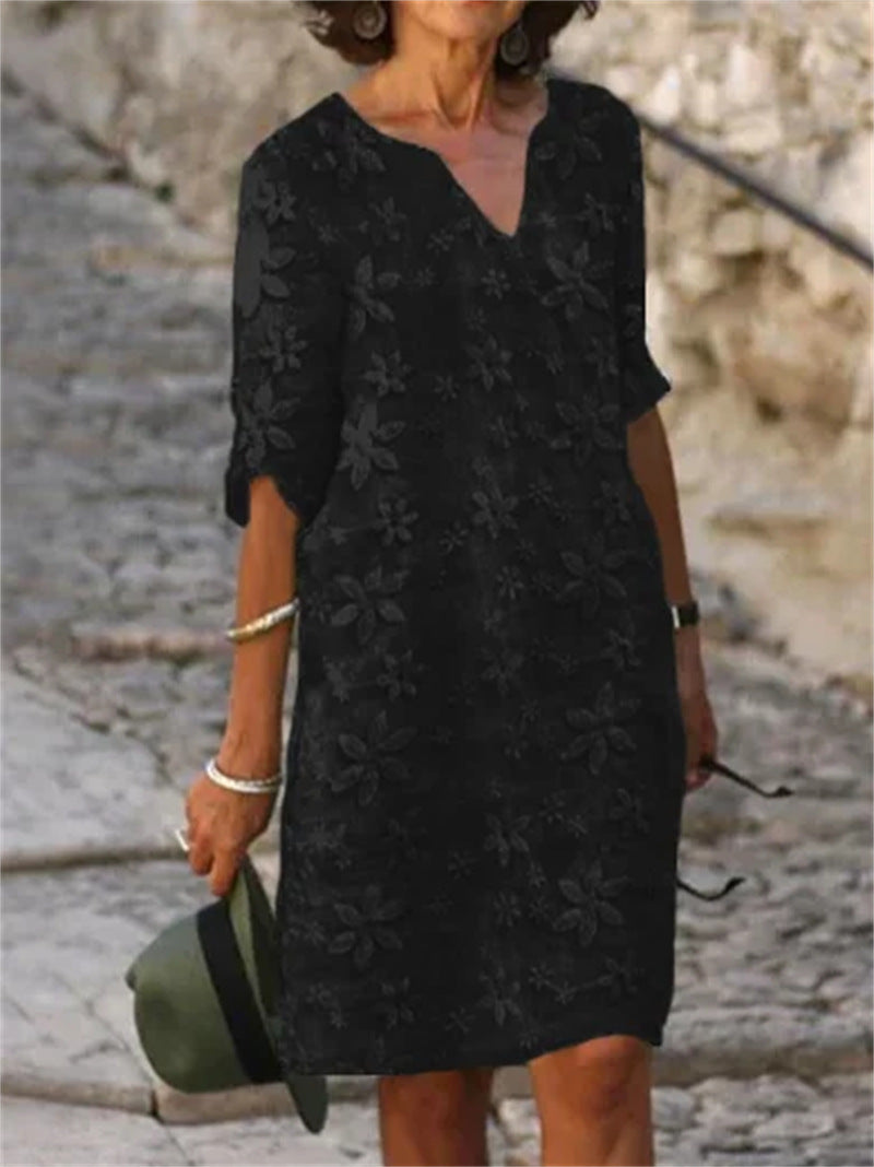 ✨✨【M-5XL】Enobarvna potiskana bombažna in lanena obleka, elegantna in modna,Na voljo več velikosti