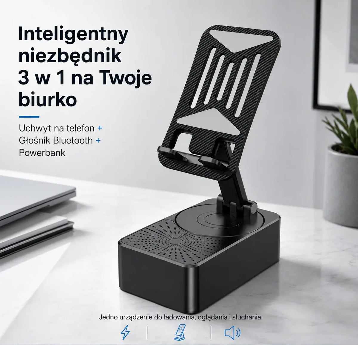 3 w 1: Głośnik Bluetooth + Ładowarka + Uchwyt na telefon obracany o 360°